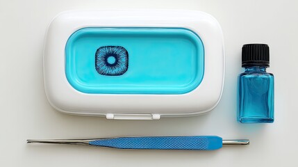 A contact lens case, tweezers, and solution bottle, all in shades of blue and white, are arranged on a white background, suggesting a complete eye care kit