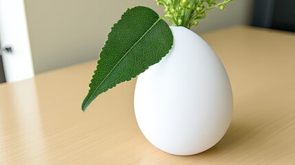 A smooth, white, egg-shaped vase sits on a light wood table, holding a small arrangement of pale yellow flowers and a single, large, dark green leaf