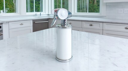A sleek, white cylindrical spray bottle with a chrome top and base sits on a bright, marble kitchen counter.  Large windows and white cabinets form a bright, modern kitchen backdrop