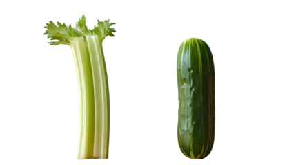 A still life featuring a fresh celery stalk and a green cucumber against a black background space
