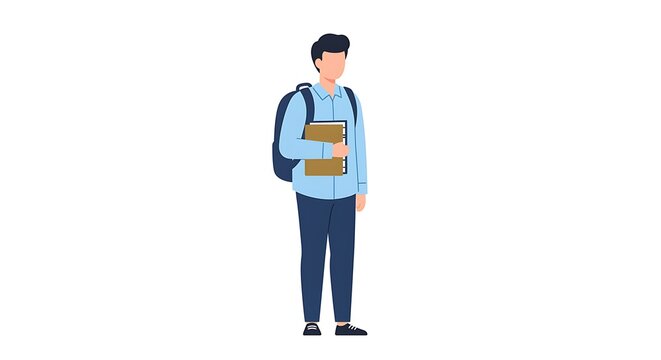 Young man student character with a backpack and holding books, ready for school or university. Flat vector illustration isolated on white background