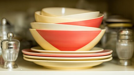 Stacked vintage bowls and plates in red and cream, nested on a shelf with silver shakers and other kitchenware, softly lit
