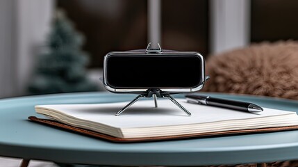 A smartphone in a metallic stand sits atop a notebook on a teal side table, a pen rests beside it.  A blurred background suggests a cozy indoor setting
