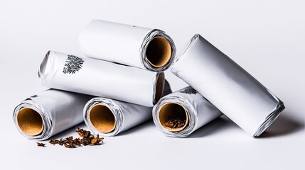A pile of rolled-up white plastic sheeting or bags rests on a white background, with a small pile of loose brown, dried leaves at the base.  The rolls are neatly stacked, revealing cardboard cores