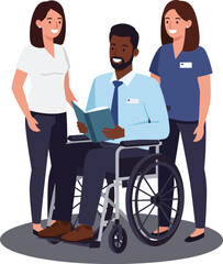 Diverse medical staff assisting wheelchair patient with open book in healthcare setting teamwork and support concept