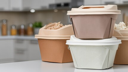 Three biodegradable food containers, varying shades of beige and white, sit on a kitchen counter, filled with uncooked noodles; a blurred kitchen background is visible