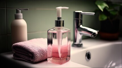 A pink liquid soap dispenser sits on a bathroom sink next to a folded pink towel and a lotion bottle, with a chrome faucet in the background.  Soft, dimly lit setting
