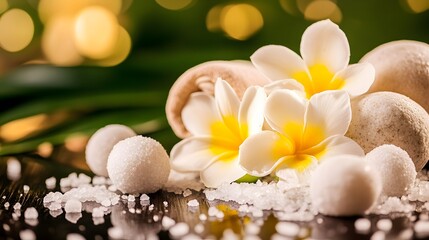 Relaxing Spa Scene with Plumeria Flowers and Bath Bombs
