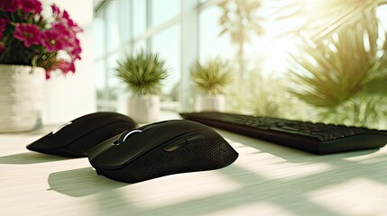 Two sleek black wireless computer mice rest on a light wood desk beside a keyboard, bathed in sunlight streaming through large windows showcasing a tropical outdoor scene with potted plants