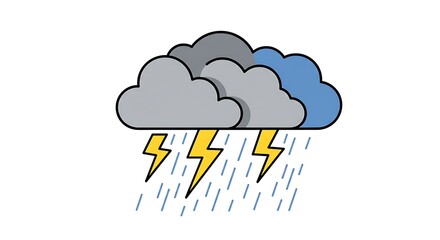 Stylized illustration of a stormy weather icon featuring dark clouds, heavy rain, and vivid lightning strikes, perfect for weather forecasts, apps, or educational materials