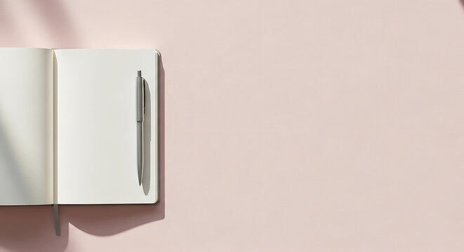 An open notebook with blank pages and a pen lies on a pastel pink background with soft shadows.