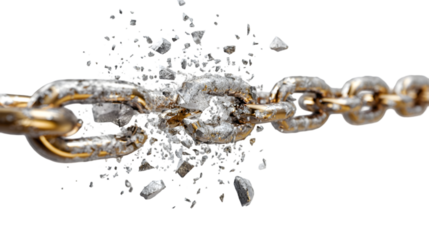 Close up of a broken metal chain with shattered pieces on a black background in a studio setting