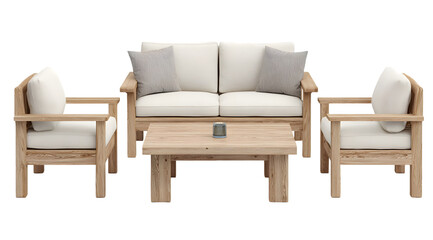 Light wooden outdoor seating set with white cushions.