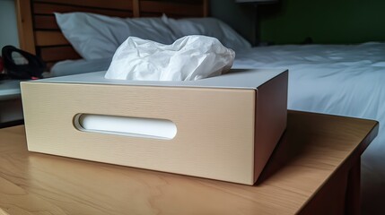 A beige tissue box with a white tissue dispensing opening sits on a light wood nightstand next to a bed with white linens.  Soft lighting casts gentle shadows