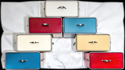 A pyramid arrangement of seven rectangular pastel-colored metal boxes with silver handles, displayed on a white fabric background, viewed from directly above