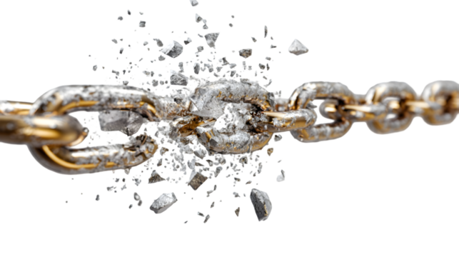 Close up of a broken metal chain with shattered pieces on a black background in a studio setting