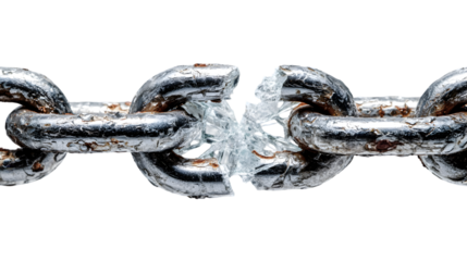 A close up of a broken metal chain with shattered pieces on a black isolated background studio shot