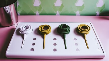 Four coiled cords, white, yellow, green, and olive, rest on a white tray with indentations, situated on a pink surface against a geometric green wall.  Each cord has a small plug-like base