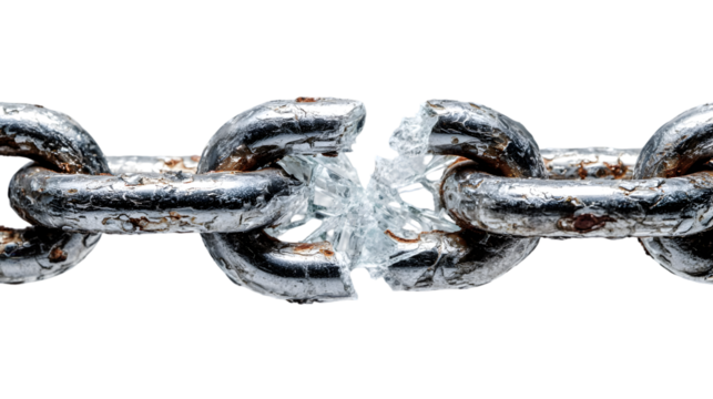 A close up of a broken metal chain with shattered pieces on a black isolated background studio shot