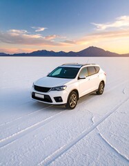 White SUV on a vast white salt flat at sunset