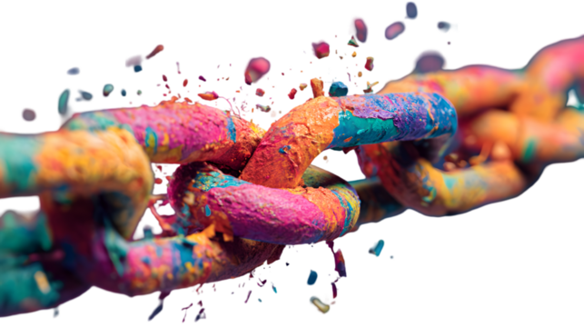A colorful chain link painted with vibrant hues breaking apart on a black background with particles