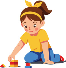 Girl playing with colorful stacking toy blocks sitting on floor in casual clothes vector illustration