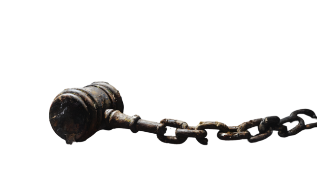 A rusty flail weapon with a spiked ball and chain lying on a black background in dim lighting