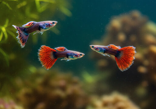 AI-generated realistic images of tropical fish and guppies in water.