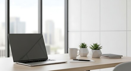 Fototapeta premium Minimalist Office Desk Setup with Laptop, Succulents, and City View