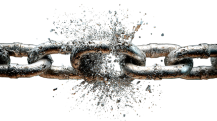 A close up of a metal chain link breaking apart in a burst of shattered pieces on a black background