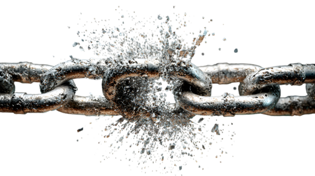 A close up of a metal chain link breaking apart in a burst of shattered pieces on a black background