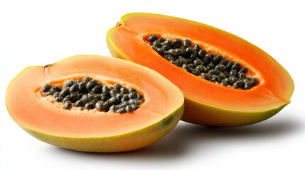 Ripe papaya halved, showcasing vibrant orange flesh and black seeds, perfect for healthy snacks