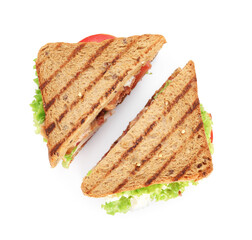 Tasty sandwiches with bacon and vegetables isolated on white, top view