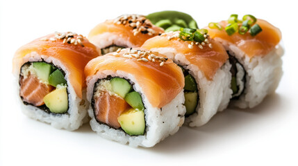 Fresh sushi rolls with salmon and avocado, garnished with sesame seeds, evoke delightful