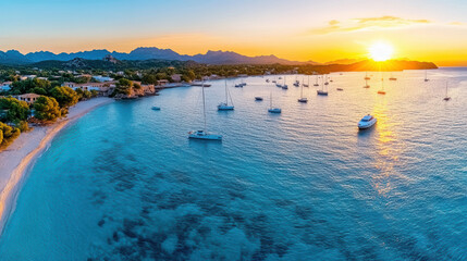 Fototapeta premium Aerial view of serene beach with boats at sunset, showcasing vibrant colors and calm waters