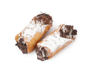 Delicious cannoli with ricotta cheese, chocolate and powdered sugar isolated on white, top view