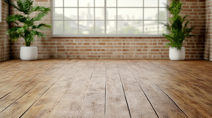 Spacious interior with wooden floor and potted plants near large window