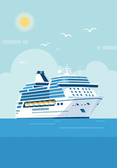 A large cruise ship sailing on the calm blue ocean under a sunny sky with seagulls.
