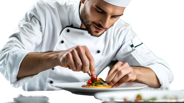 A chef in uniform carefully plating a dish with precision and artistic flair in a professional kitchen