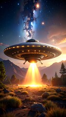 UFO landing in a valley at dawn