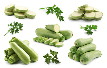 Fresh ripe zucchini with parsley isolated on white, collage