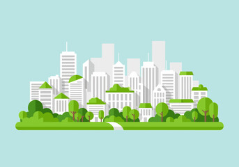 Stylized vector illustration of a modern city skyline with green spaces and white buildings.