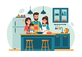 A happy family cooking together in a kitchen.