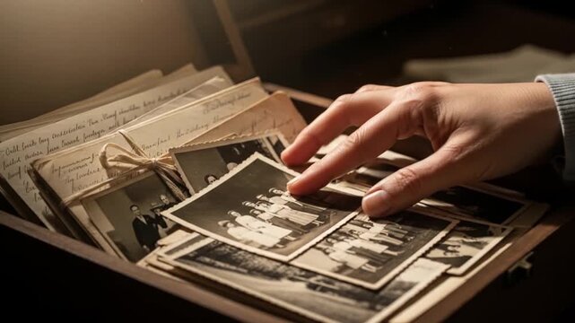 Nostalgic journey: Hand sifting through vintage black and white photos in a wooden box, evoking memories and family history