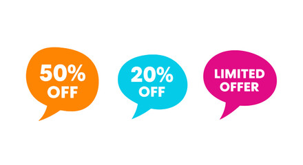 Promotional sale bubbles for marketing campaigns: Get 50% off, 20% off, or snag a limited offer deal now for amazing savings