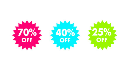 Eye-catching seventy, forty, and twenty-five percent off deal badges perfect for grabbing attention and boosting sales online and in print
