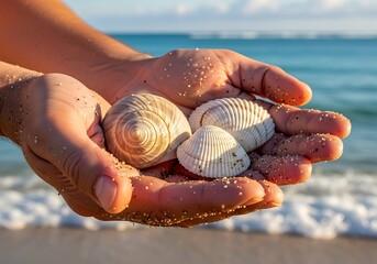 Seashell treasures in hand, beachcombing memories, a connection with nature