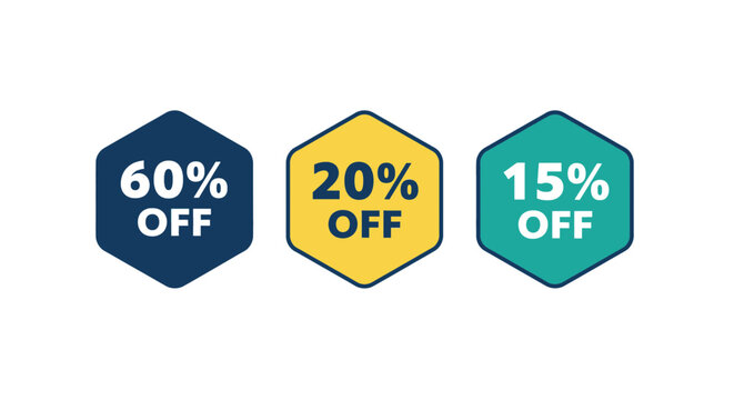 Limited time discounts 60%, 20%, and 15% off special offer sale promotional badges great savings event modern marketing campaign
