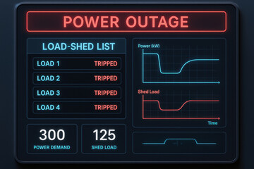 Power outage alert on digital control panel with load shed list and power demand graphs showing tripped loads and shed load data in real time
