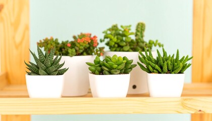 Succulents in white pots on a light wooden shelf against a mint-green wall